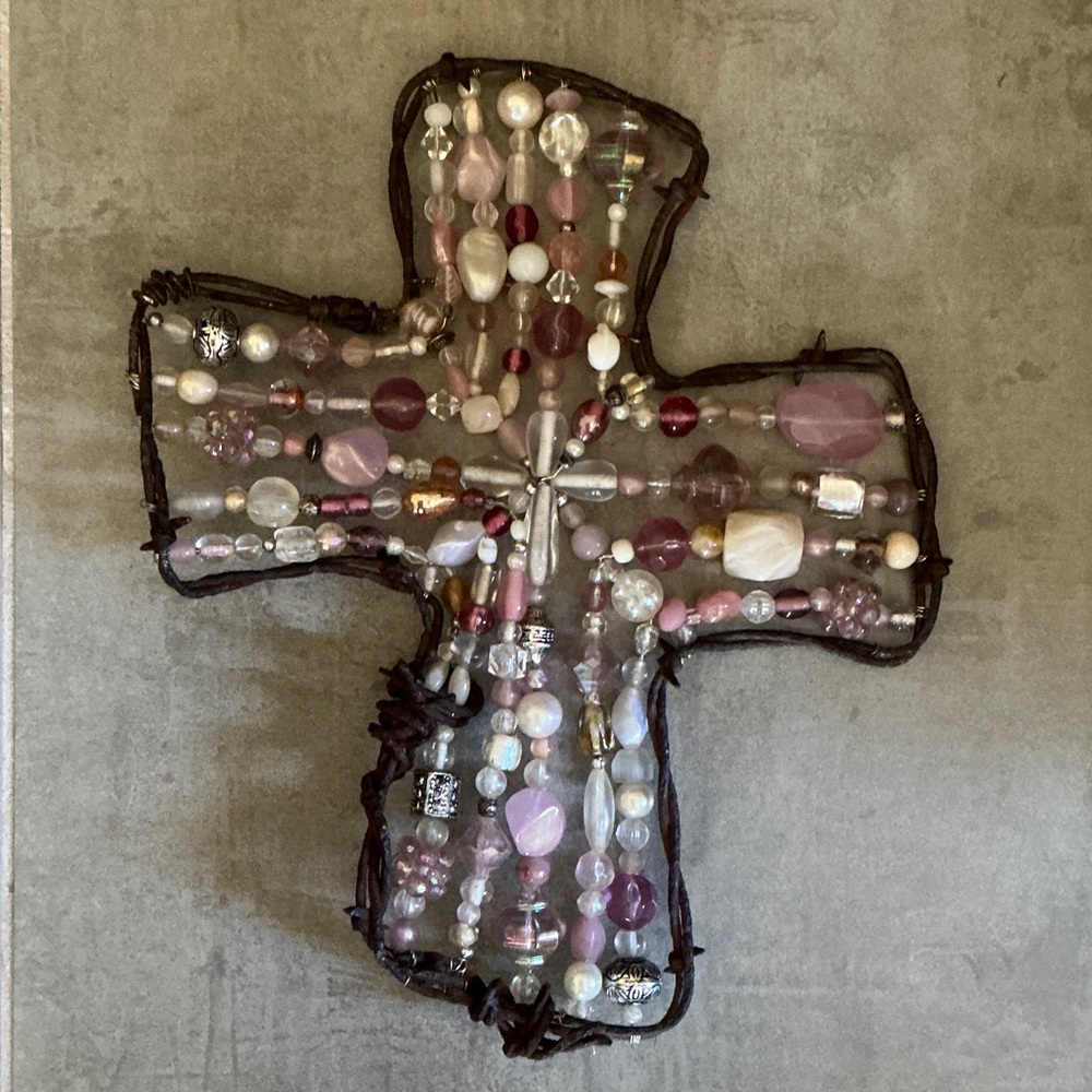 Pink and White Beaded Cross Art Piece